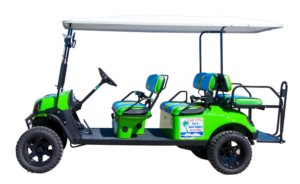 Green 6-passenger beach buggy Port Aransas golf cart rental