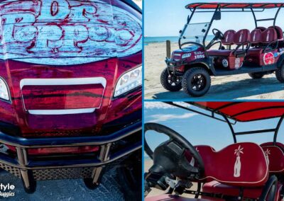 Maroon beach buggy with Dr Pepper written on front and I'm a Pepper on the side
