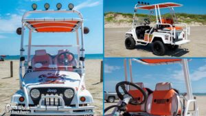 Orange and white beach buggy that looks like a jeep