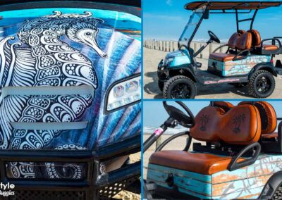 Blue buggy with big seahorse on hood
