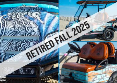 Blue buggy with big seahorse on hood