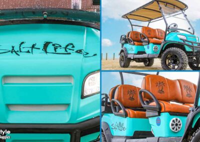 Turquoise cart with brown-orange seats