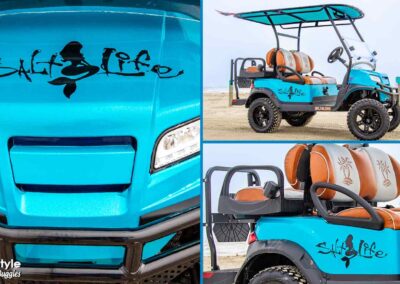 Blue cart with Salt Life and mermaid on hood