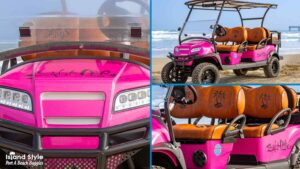 Bright pink cart with orange seats.