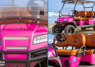 Bright pink cart with orange seats.