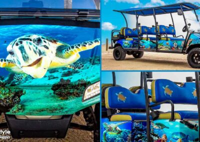 Beach buggy with turtle image on front and blue water and turtles on the side.
