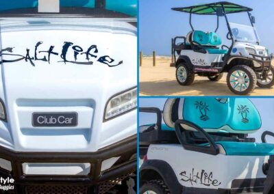 White cart with blue seats and with Salt Life in black letters