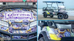 cart with purple corona beer caps