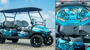 Turquoise blue cart with black bonefish decals