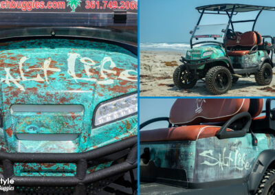 Turquoise cart with orange seats