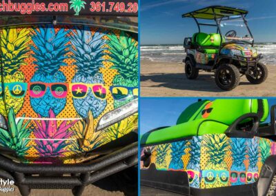 hood of cart with bright pineapples with sunglasses