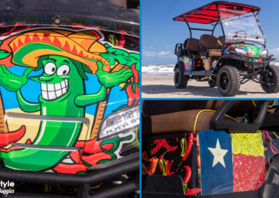 front of cart showing colorful jalapeno wearing a sombrero